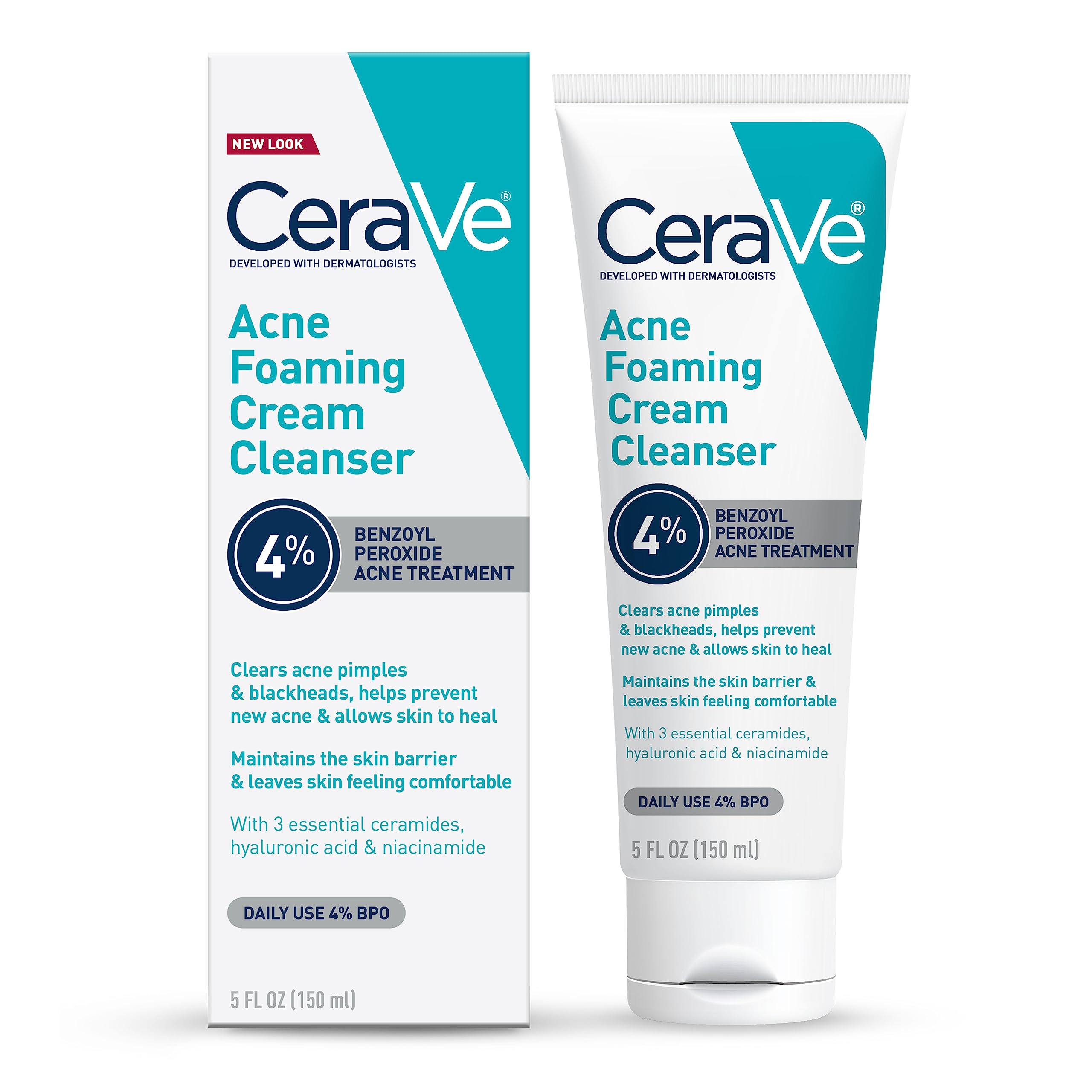 CeraVe Acne Foaming Cream Cleanser - 4% Benzoyl Peroxide Face Wash with Ceramides