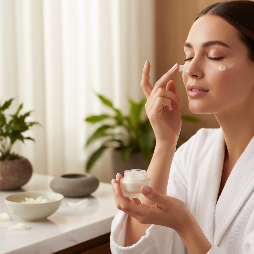Woman applying revitalizing eye cream in serene spa setting